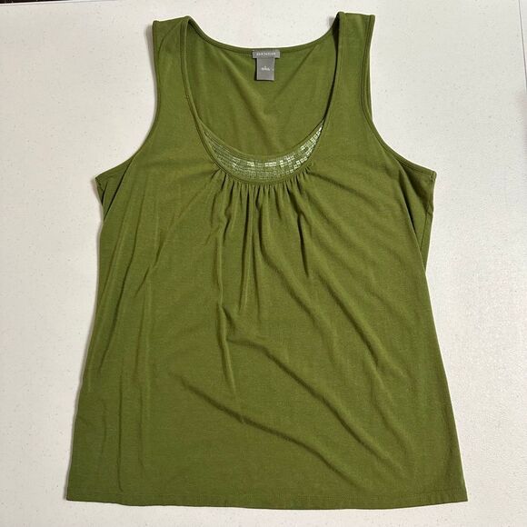 Ann Taylor Solid Green Sleeveless Tank Top Scoop Neck Sequins Neckline Stretch L - Picture 1 of 6